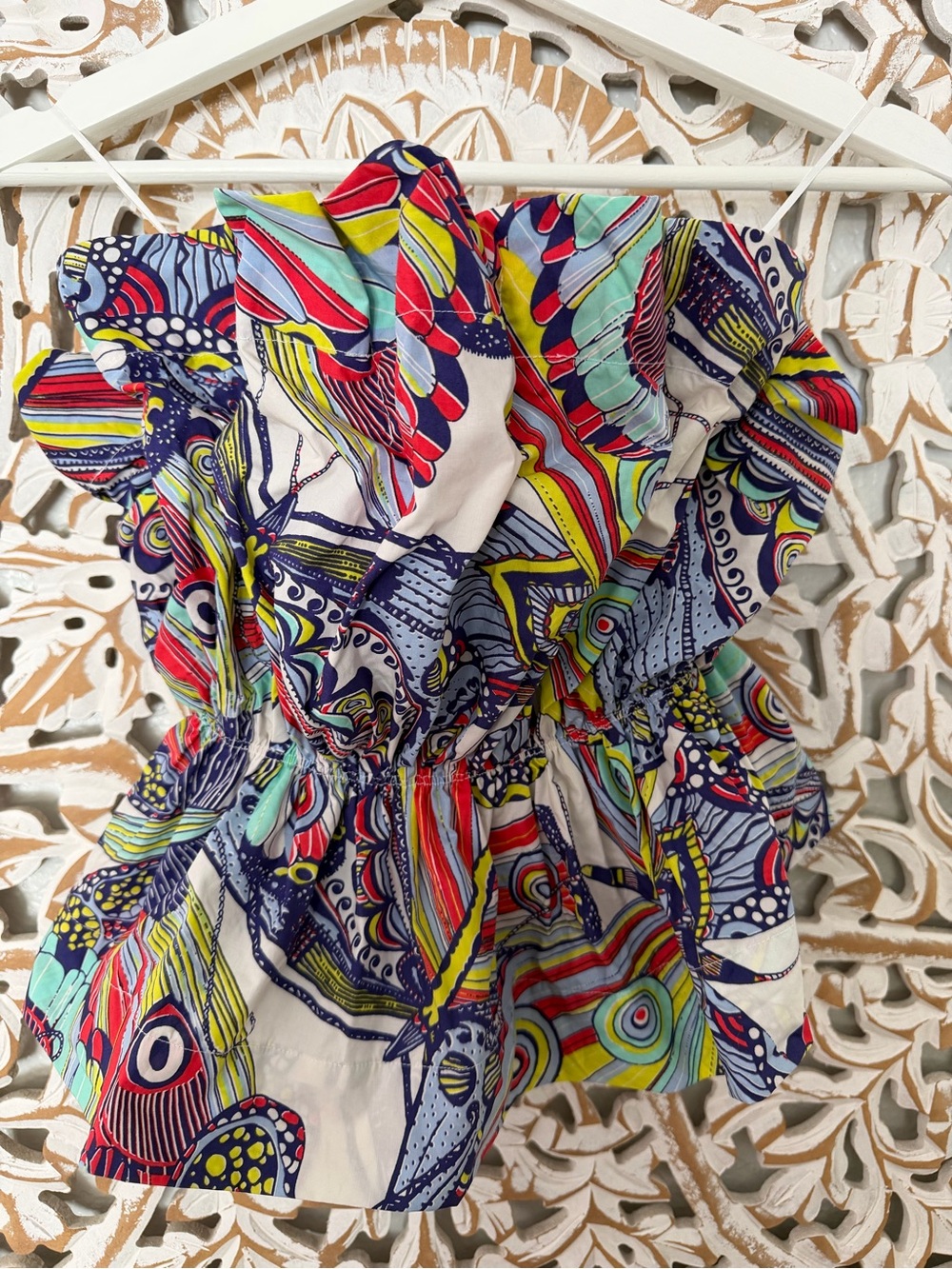 By Anthropology Colorful Abstract Print Ruffled Tube Top With gathered back.